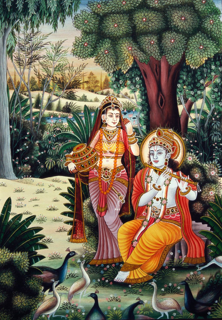 Rádha Krišna miniatura malba na papíře od School Indian