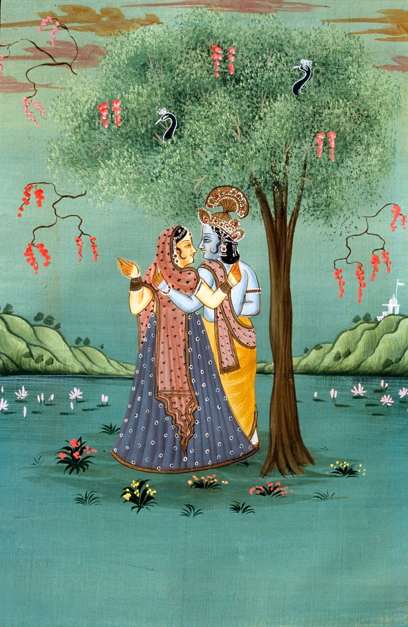 Rádha Krišna miniatura malba na papíře od School Indian