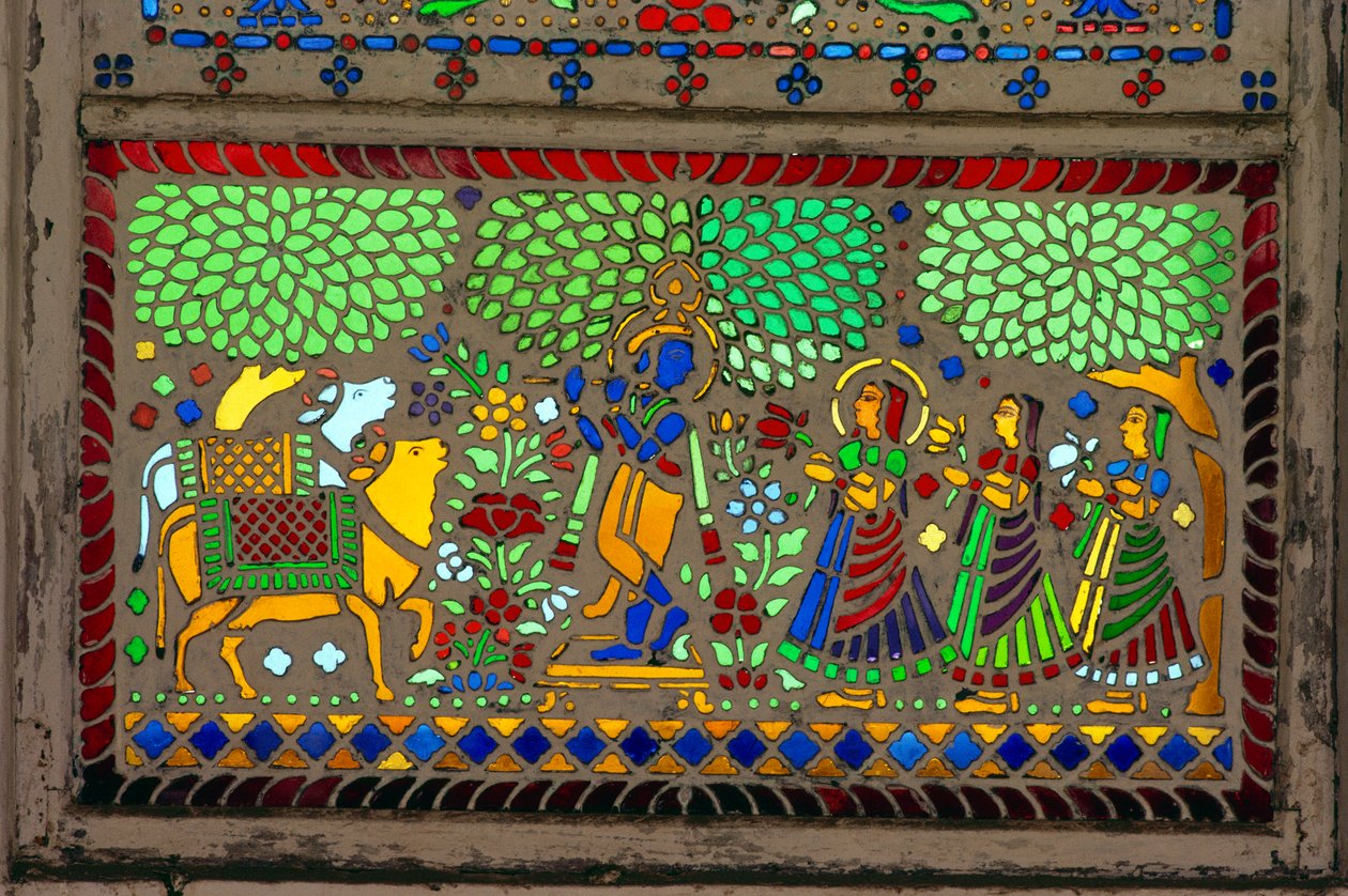 Rádhá Krišna se Sakhí na vitráži od School Indian