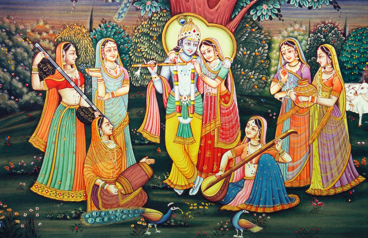 Rádhá Krišna se Sakhí se těší z hudby od School Indian