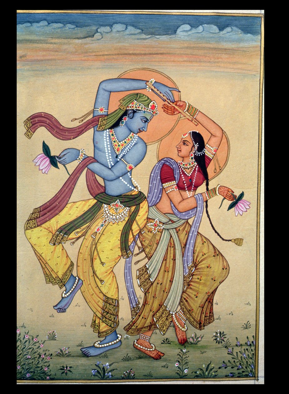 Rádha a Krišna (kvaš a (akvarel na papíře) od School Indian