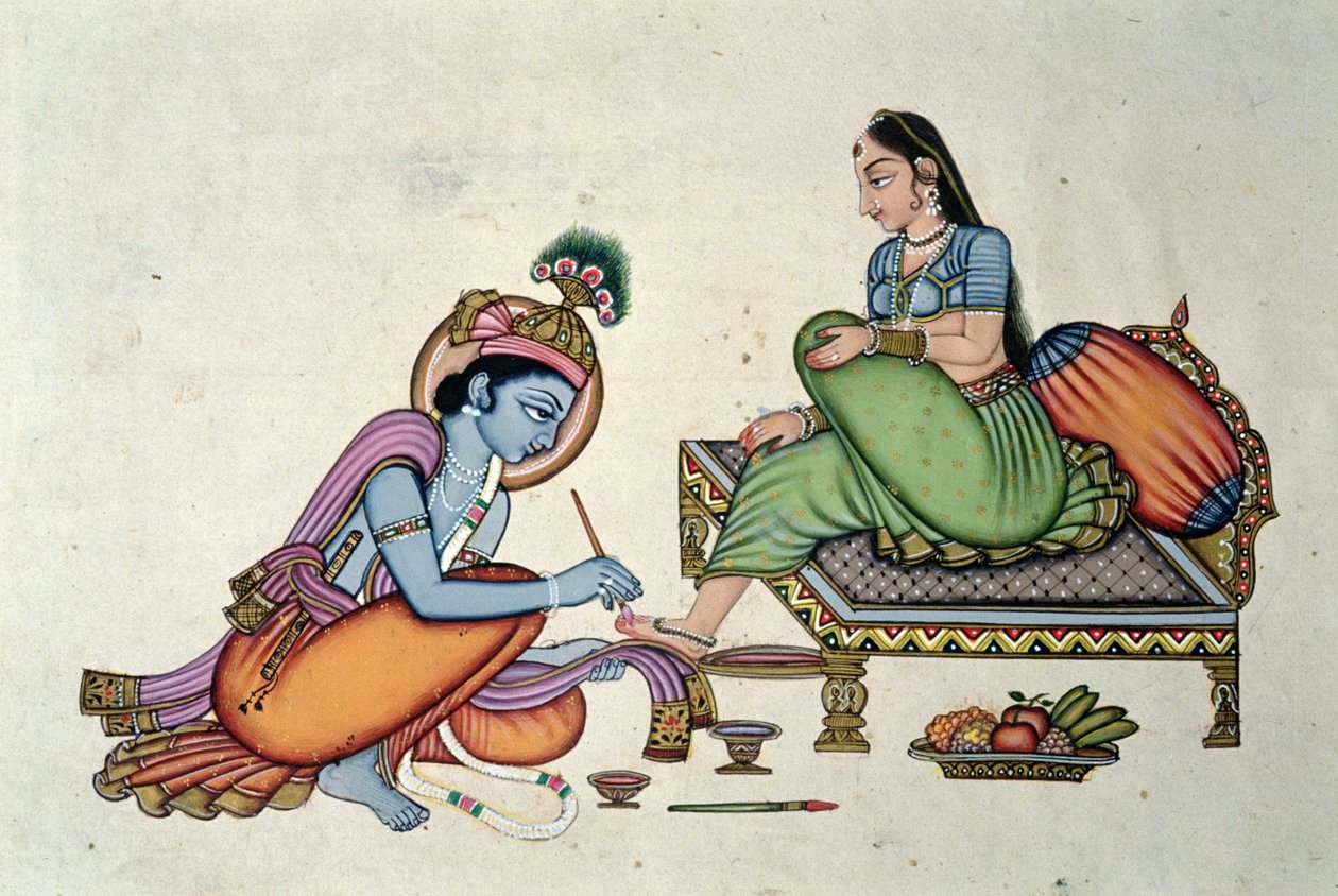 Rádha a Krišna (kvaš a akvarel na papíře) od School Indian