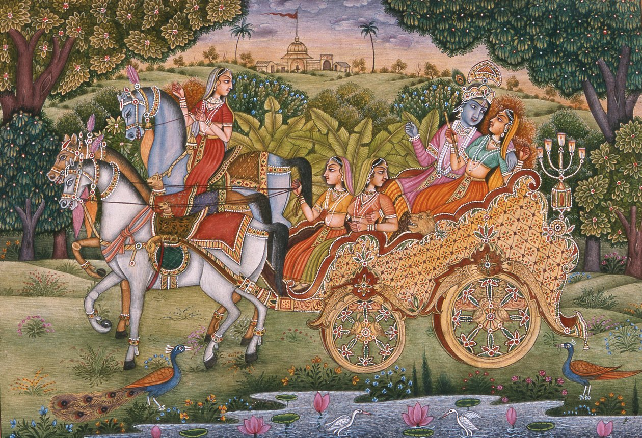 Rádha a Krišna (kvaš a akvarel na papíře) od School Indian