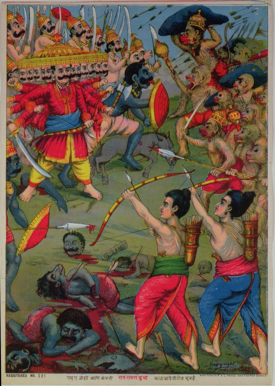 Ráma a Lakšmana v boji s Rávanou, epos Rámájana, cca 1914 (chromolit) od School Indian