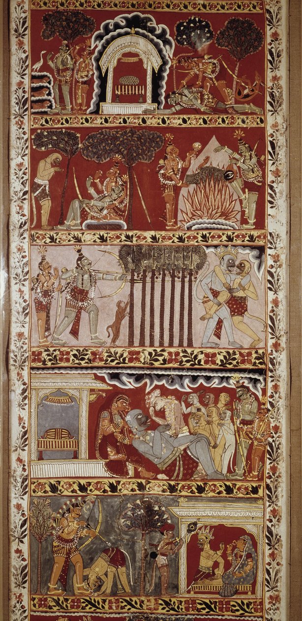 Scény Rámájany, epická báseň složená v 6. století Valmiki a vyprávějící legendu o Rámovi. Západní Bengálsko. Viktoriská a Albertova knihovna. Londýn od School Indian