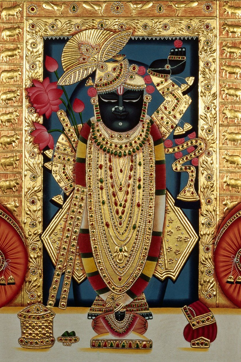 Shri Lord Shree Nathji nebo Shreenathji v Nathdwaře Miniaturní malba na papíře se zlatou ražbou od School Indian