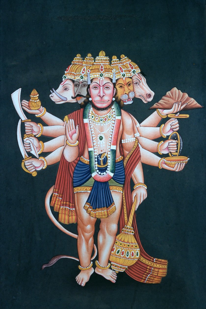 Šrí Pančmukhi Hanuman (kvaš a akvarel na papíře) od School Indian
