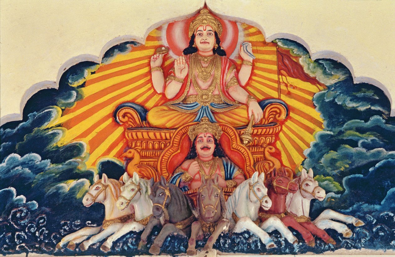 Surya Narayan, bůh Slunce (malovaný reliéf) od School Indian