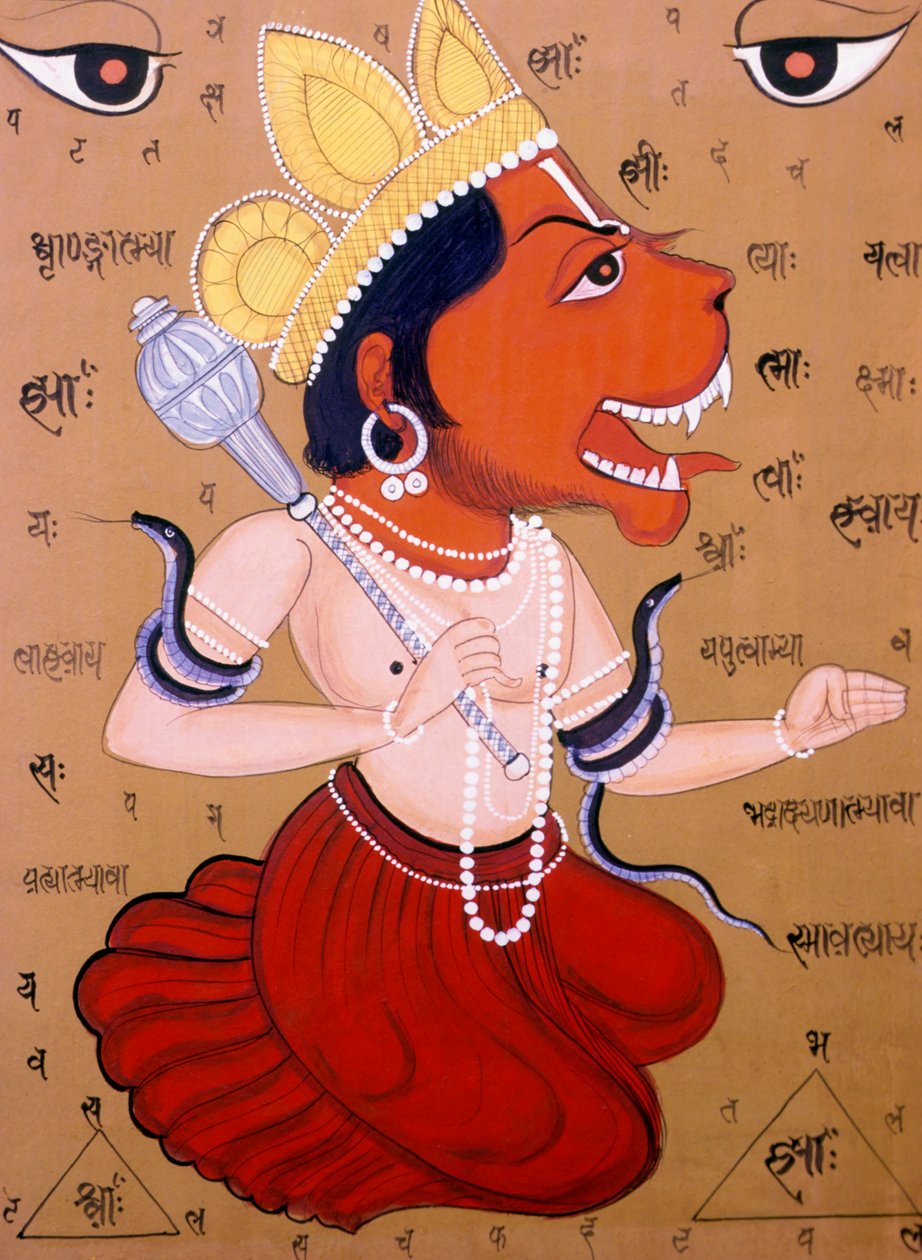 Tantrické miniatury Hanuman na papíře Indie od School Indian