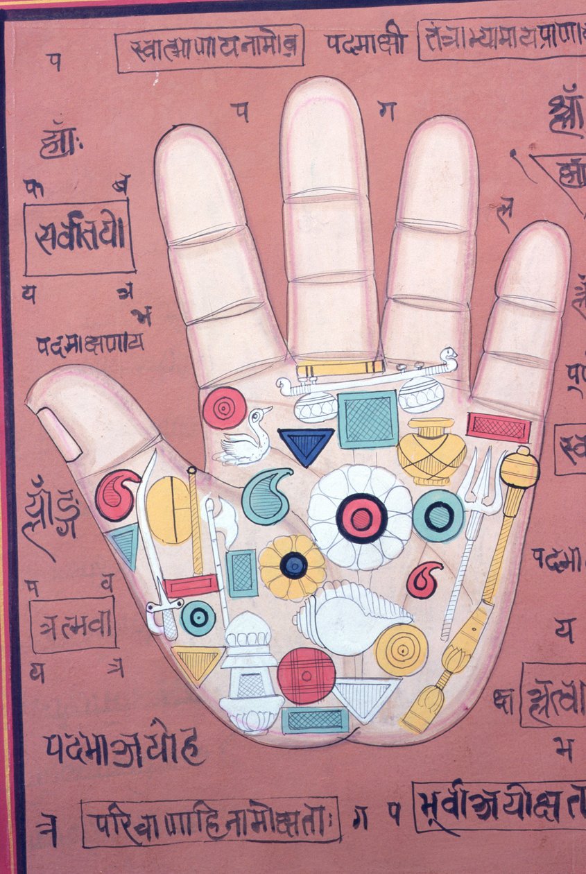 Tantrický diagram pravé ruky (kvaš a akvarel na papíře) od School Indian