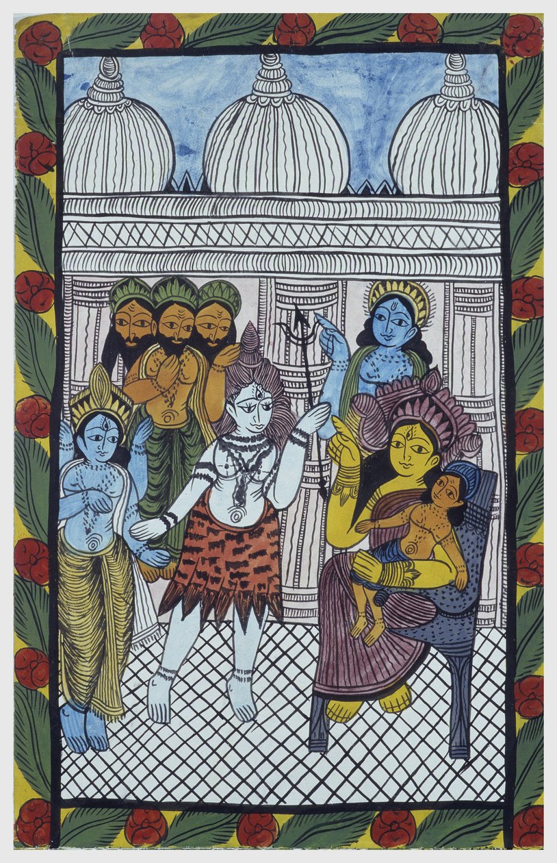 Bohové přicházejí obdivovat Krišnu, ztělesněného v těle krásného dítěte, Ganéši (Ganesh nebo Ganapati) sedícího na kolenou své matky Parvati. Pat: malovaná rulička oblasti Bengálska, sloužící jako narativní médium pro zpěváky Baoul (Baul). Leonard de od School Indian