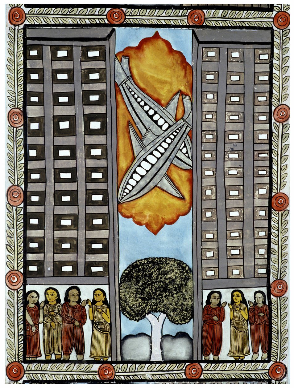 Příběh o útocích z 11. září 2001 vyprávěný obchodníky Baul z Bengálska, ilustrace letadel účastnících se Světového obchodního centra v New Yorku. Obraz, série, číslo 3/9, Bengálsko. od School Indian