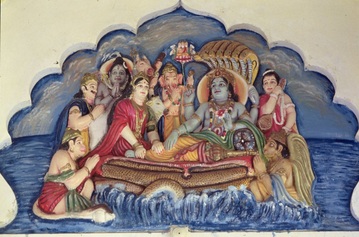 Višnu Narajána, plující na Šéšanagovi (malovaný reliéf) od School Indian