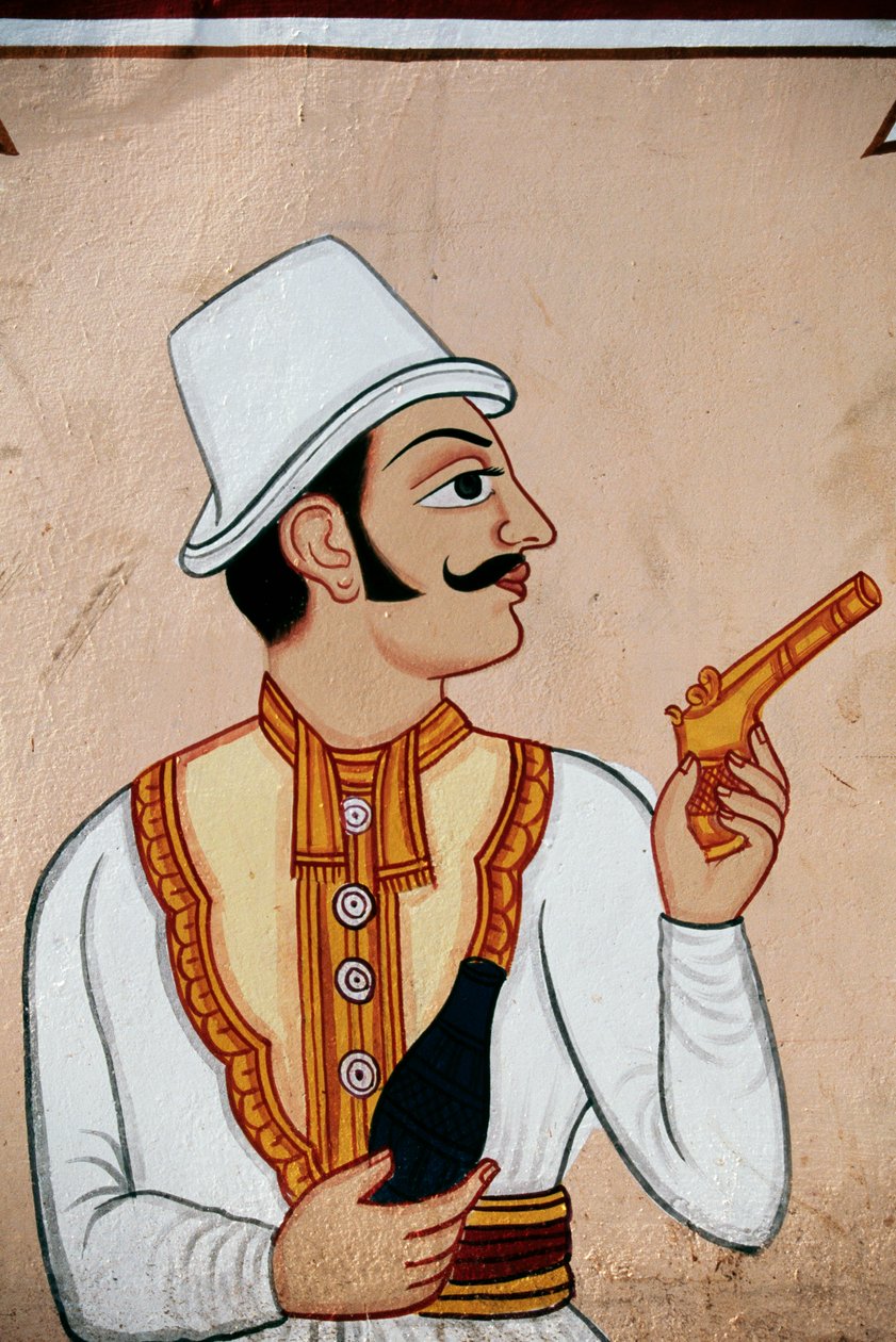 Nástěnná malba britského vojáka držícího pistoli, Džajpur, Rádžasthán, Indie od School Indian