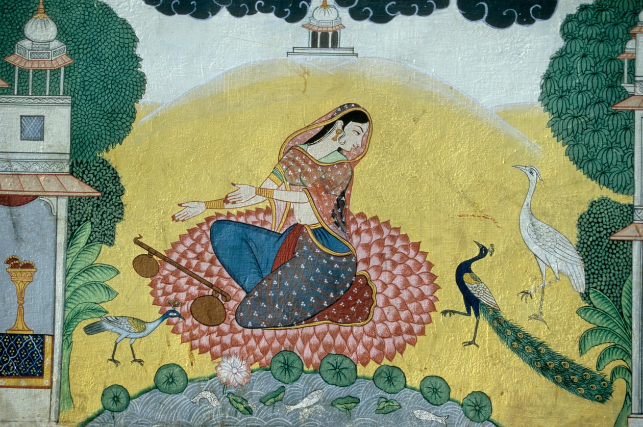 Žena s Rudra Veena Miniatura malby, Indie od School Indian