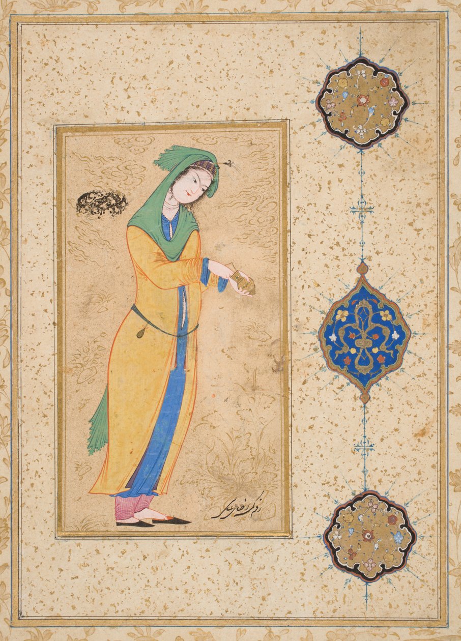 Houri stojící v zahradě (neprůhledný akvarel na papíře) od School Iranian