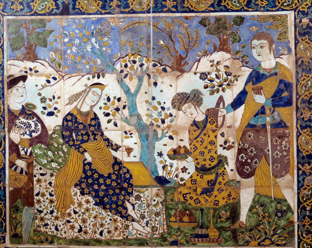 Íránské umění: detail azulejo představující portugalského misionáře mezi Peršany. Americká sbírka 17. století od School Iranian