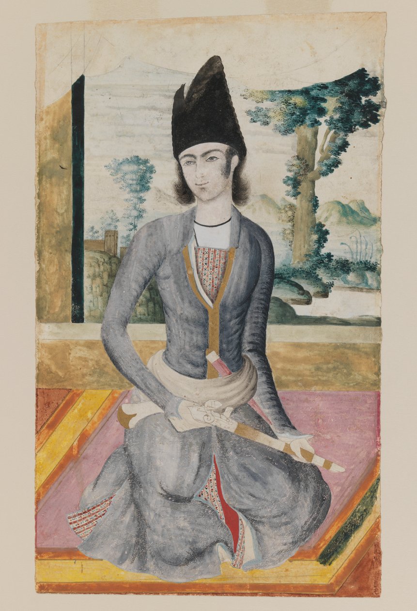 Sedící Qajar Prince (tužka a neprůhledný akvarel na papíře) od School Iranian