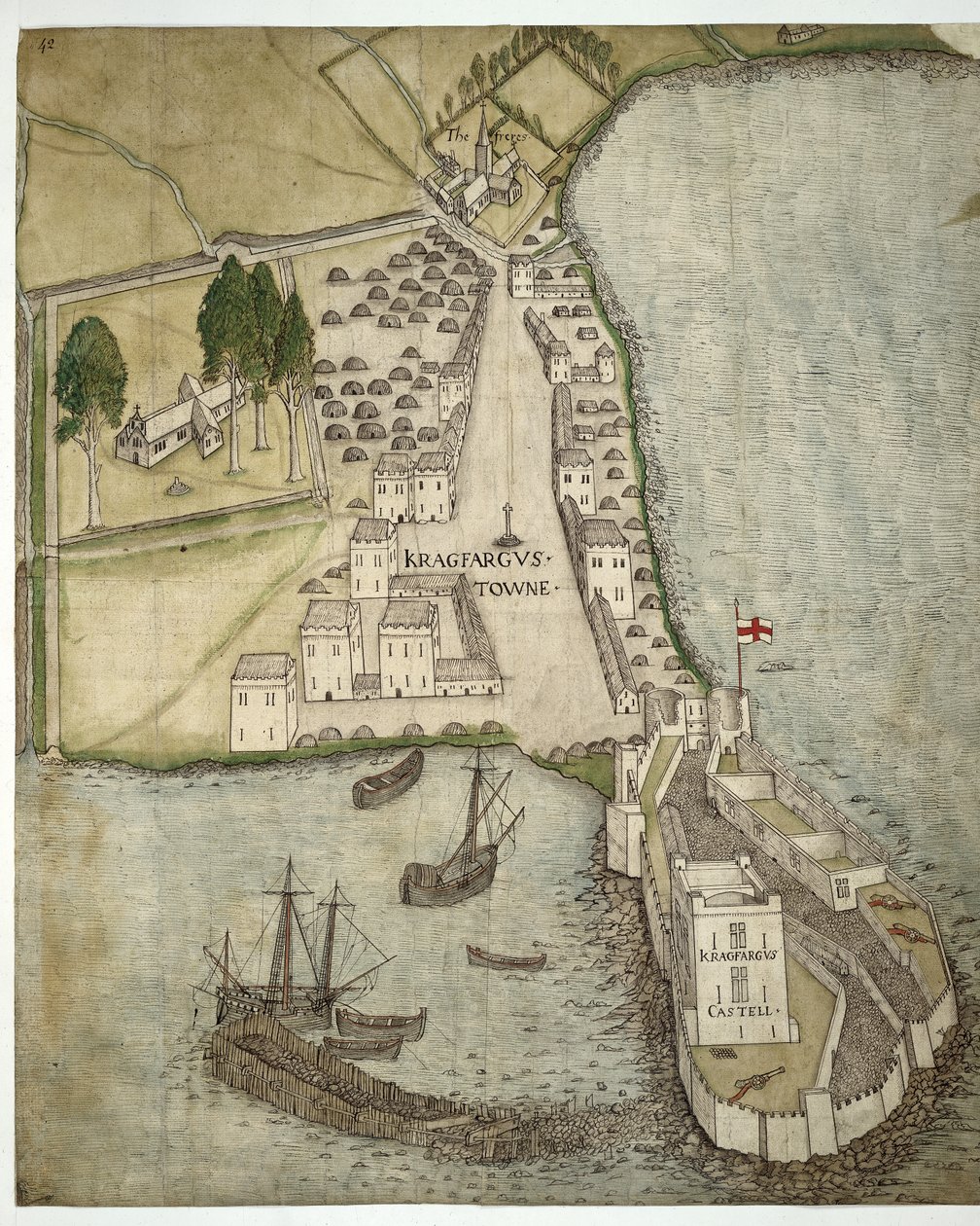Hrad a město Carrickfergus, Irsko, cca 1560 (pero, inkoust a akvarel na papíře) od School Irish