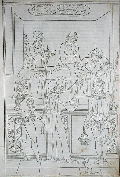 Lékař na návštěvě u pacienta, z „Fascilulus Medicinae“ od Johannese de Ketham (d.c.1490) 15.–16. století (dřevořez) od School Italian