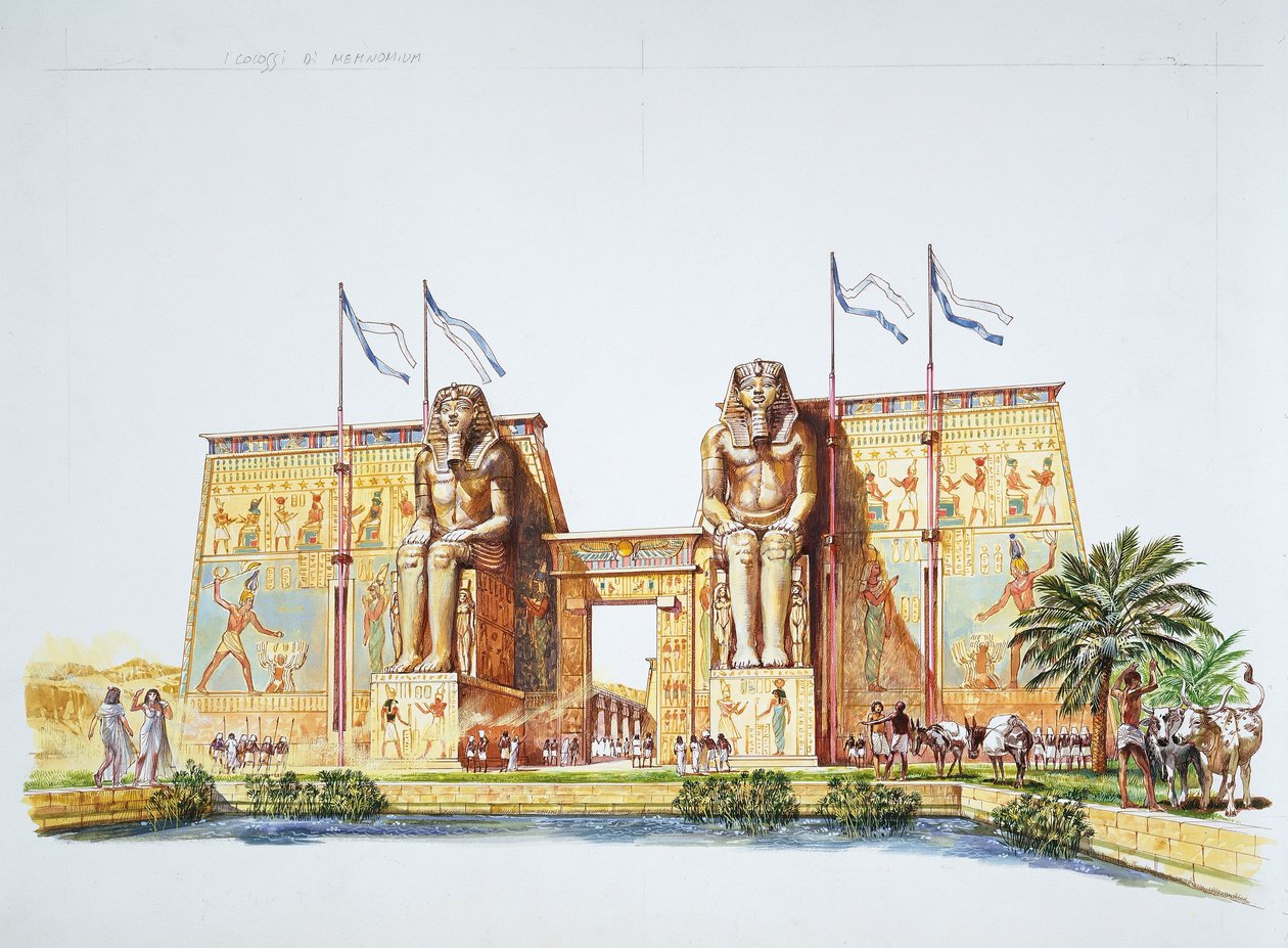 Starověké Théby - rekonstrukce soch Amemhotepa III., známých jako Memnonovy kolosy, v době Ramsese II. (barevné lito) od School Italian