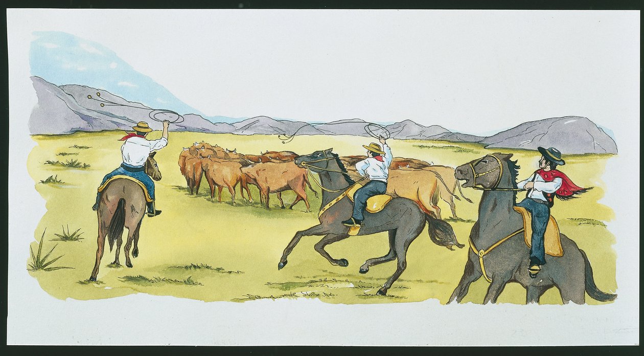 Argentina - Gauchos shromažďující dobytek v Pampách (barva litho) od School Italian