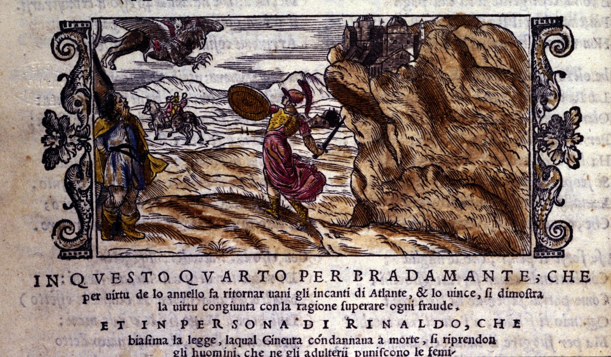 Bradamante roztrhne Brunelovi její okouzlující prsten, díky kterému zradí moc Atlanty a vydá Rogera (Ruggero, Ruggiero), scéna rytířské básně „Orlando Furioso“ (Zuřivý Roland) od Ludovica Ariosta (1474 - 1533) dit L „Ariote, zpěv I od School Italian