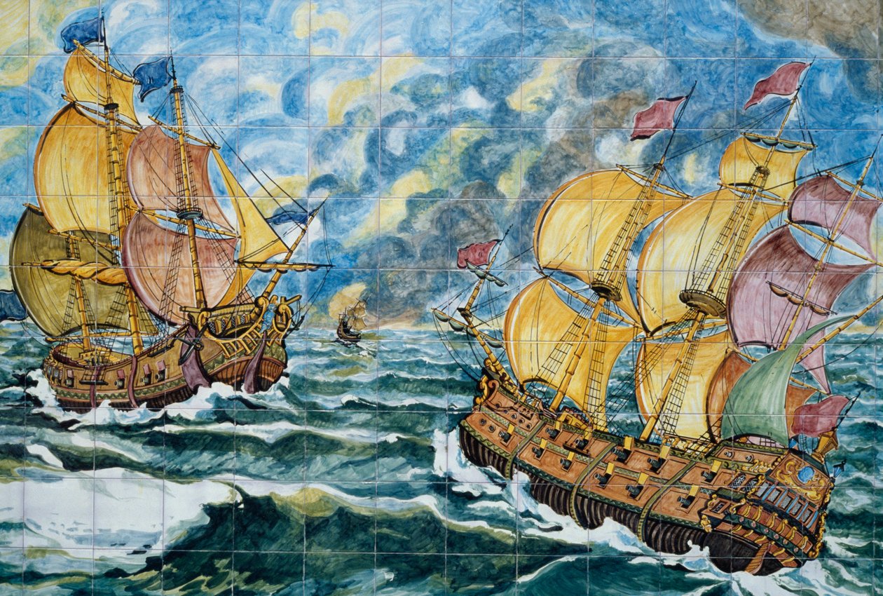 Keramický panel s vyobrazením dvou plachetnic, Vietri sul Mare production, Kampánie, Itálie, Detail od School Italian