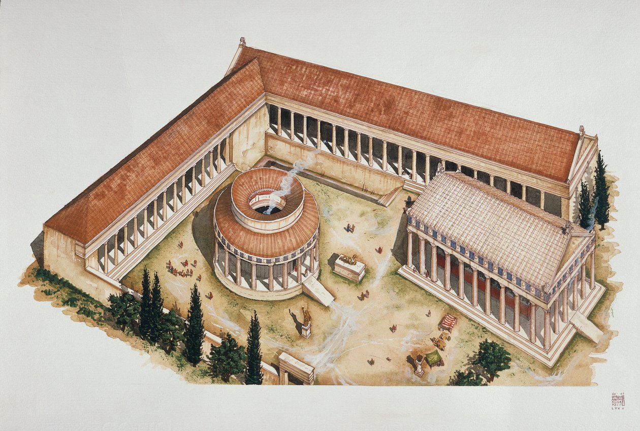 Ceremoniální kruhový tholos a Asklépiův chrám, Epidaurus, 4. století před naším letopočtem (barevné litho) od School Italian