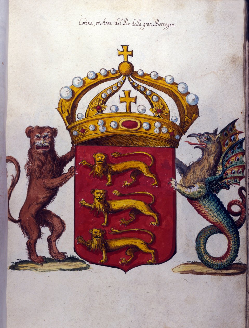 Erb britské královské rodiny zdobí korunu, lva „“““““ a fantastické stvoření. Státní archiv, Milán od School Italian