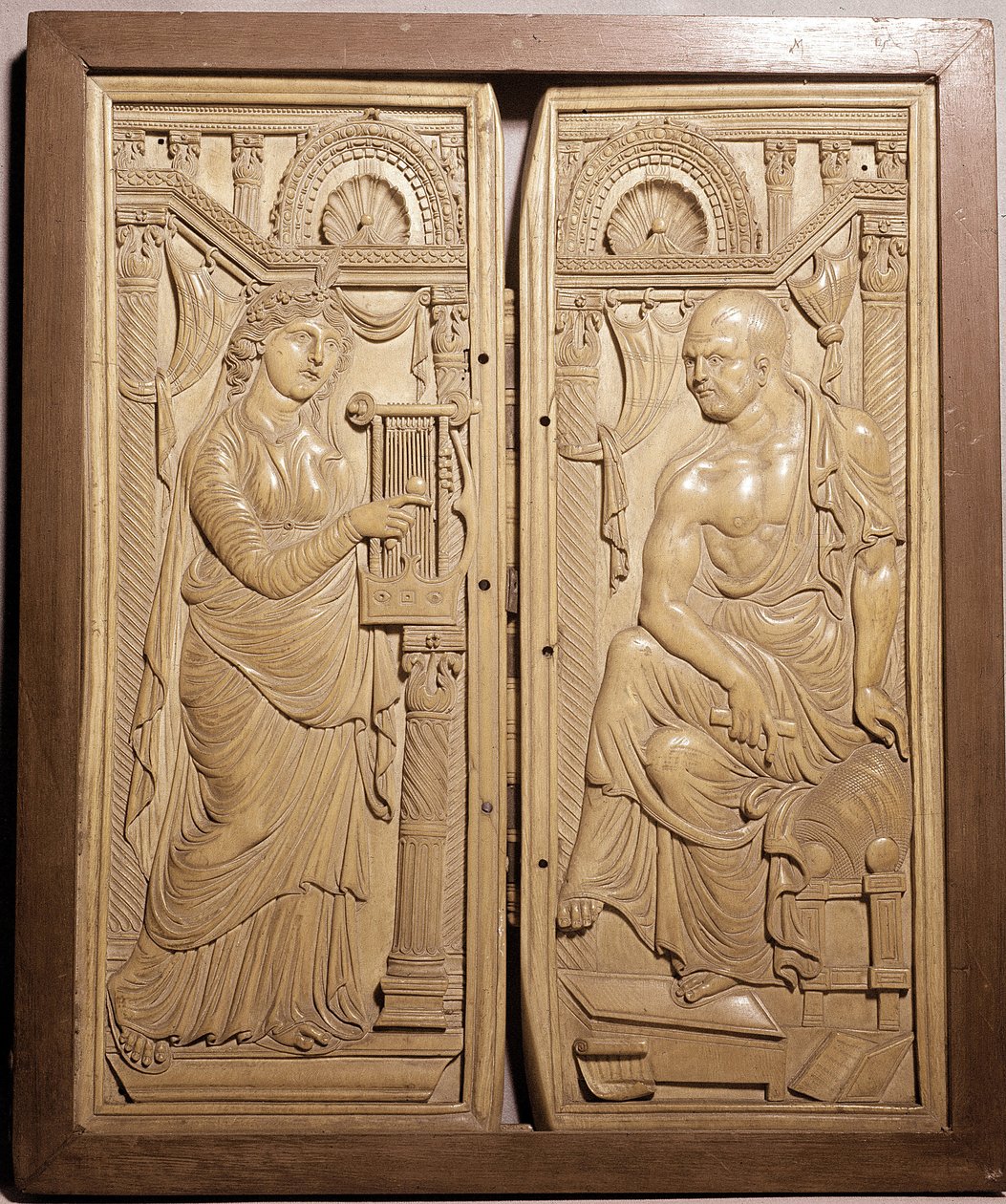 Diptych Claudianova s názvem Diptych básníka a múzy (reliéf nízké slonoviny, počátek 6. století) od School Italian