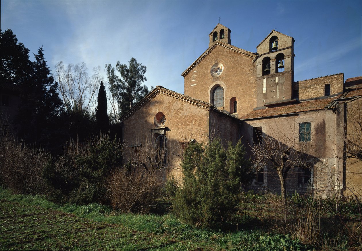Vnější pohled na kostel Saint Vincent a Saint Anastasius opatství tří fontán (Tre-Fontane) (Chiesa dei Santi Vincenzo e Anastasio alle Tre Fontane) (Vnější pohled na kostel sv Vincenzo e Anastasio, abbazia delle Tre Fontane) 625 -1 od School Italian