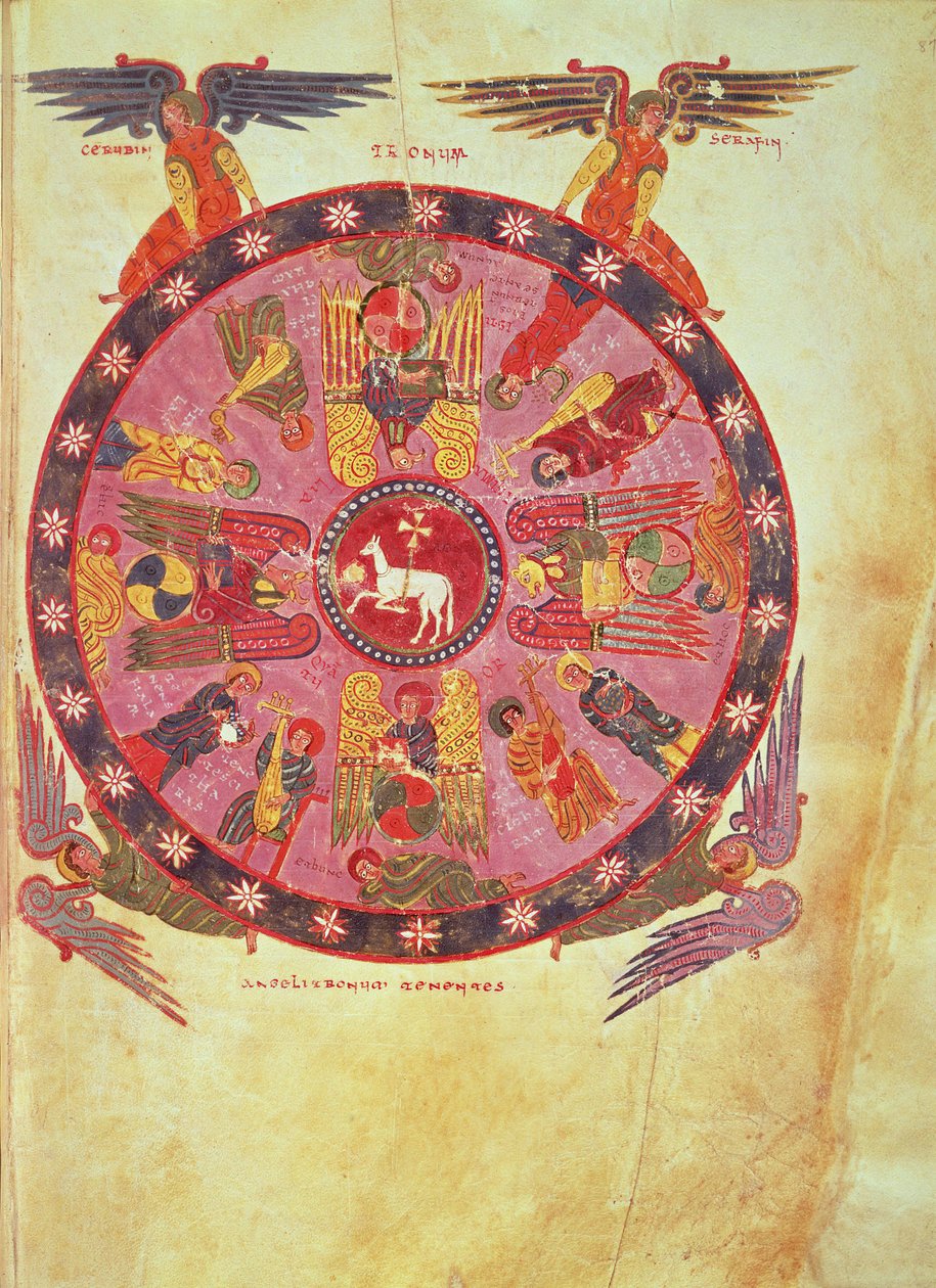 Ms. M. 644 f.87 Zjevení 4,4 Klanění Beránka čtyřiadvaceti staršími, opis z "Komentáře k Apokalypse" od Beata z Liebany a Valcavada, 776 (pergamen). od School Italian