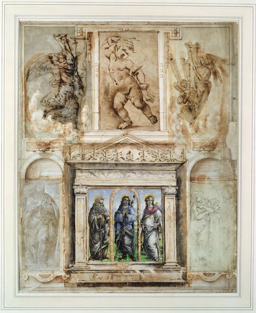 Stránka z „Libro dei Disegni“ od Giorgia Vasariho (1511-74) namontovaná a zarámovaná po roce 1524 (kovová jehla na papíře) od School Italian