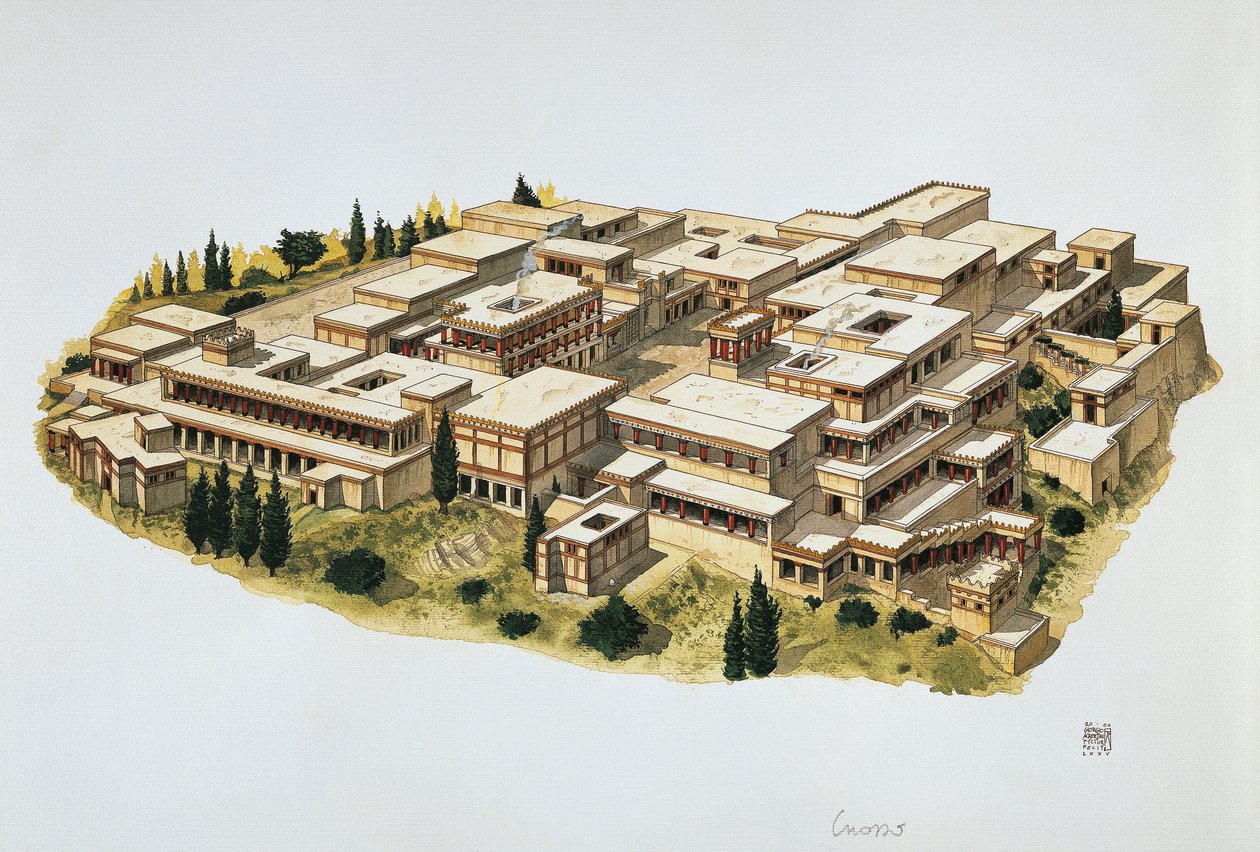 Rekonstrukce paláce Knossos, Kréta, 20. století před naším letopočtem (barevné lito) od School Italian