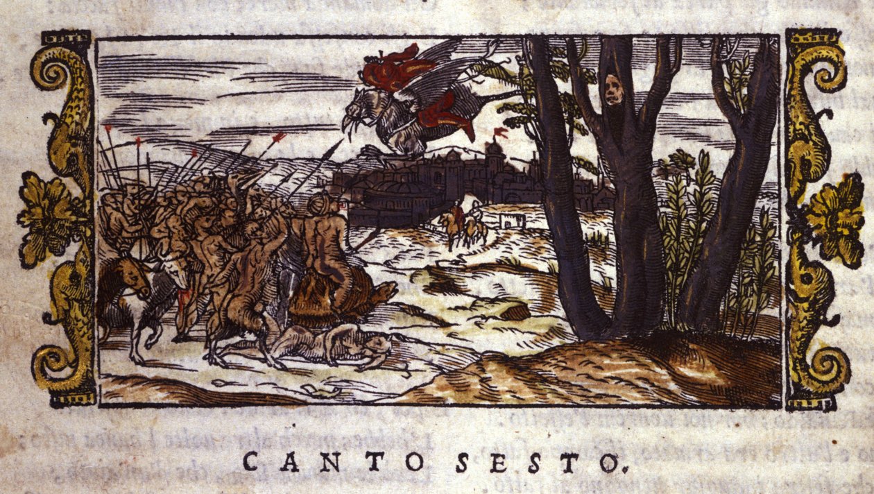 Ruggiero je odnesen hipogryfem na ostrov Alcina, kde je napaden armádou monster, scéna z "Orlando Furioso" od Ludovica Ariosta (1474-1533) od School Italian