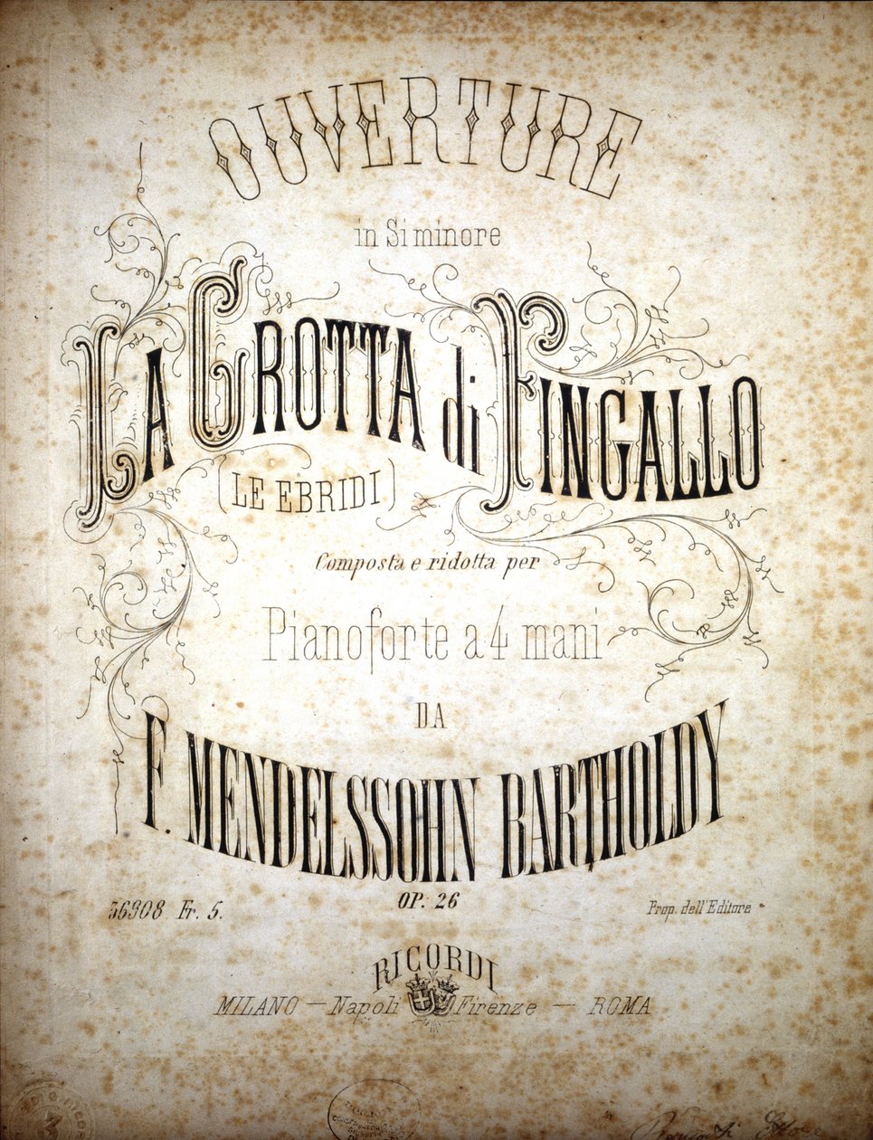 Skóre pro „La Grotta di Fingallo“ od Felixe Mendelssohna (litho) od School Italian