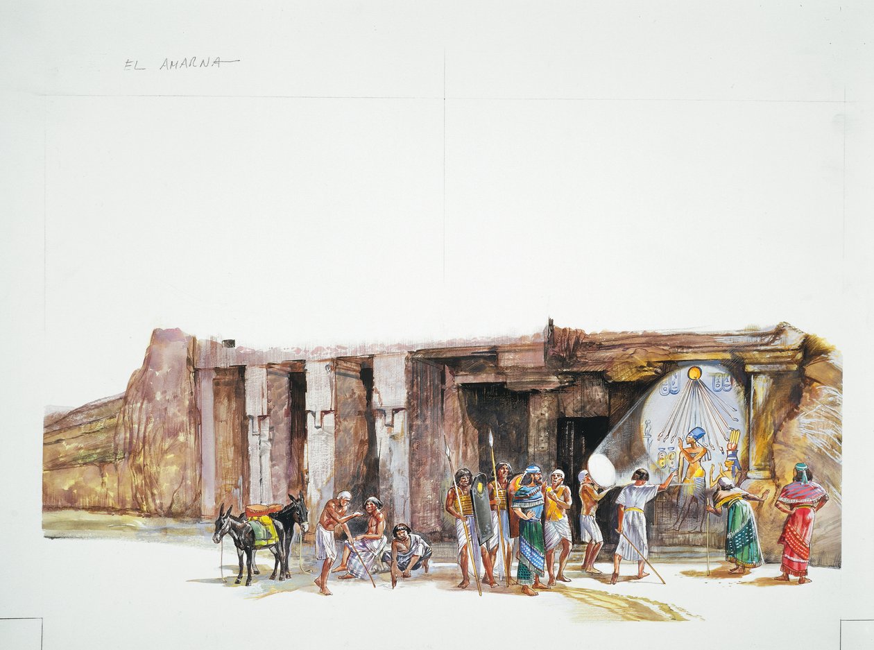 Tell el-Amarna - rekonstrukce uctívání boha Atona, znázorněného jako sluneční kotouč (barva litho) od School Italian