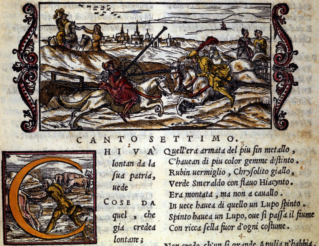 Obří Eryphila nasedla na vlka bojuje Roger (Ruggero, Ruggiero) - scéna rytířské básně „Orlando Furioso“ (Zuřivý Roland) od Ludovica Ariosta (1474 - 1533) s názvem L