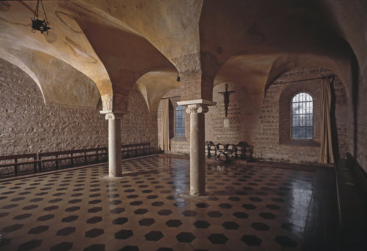 Pohled na kapitulní síň kostela sv. Vincence a sv. Anastasa opatství tří fontán (Tre-Fontane) (Chiesa dei Santi Vincenzo e Anastasio alle Tre Fontane) (Kapitulní dům kostela sv. Vincenza e Anastasio, abbazia delle Tre Font od School Italian