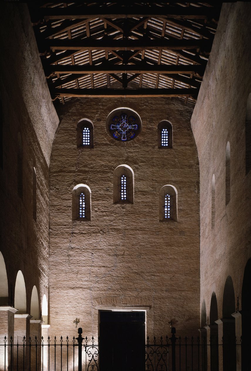 Pohled na protějšek kostela svatého Vincence a svatého Anastasa, opatství tří fontán (Tre-Fontane) (Chiesa dei Santi Vincenzo e Anastasio alle Tre Fontane) (Pohled do interiéru za průčelím kostela sv Vincenzo e Anastasio, ab od School Italian