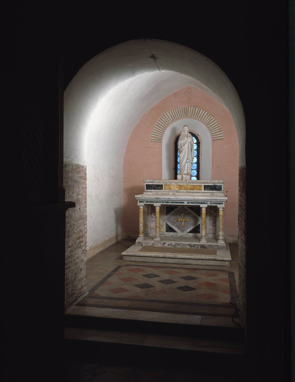 Pohled na druhou kapli kostela svatých Vincenta a Anastasia, 625-1221 Opatství Tre Fontane (Opatství Tre-Fontane nebo Opatství Tří fontán) poblíž Řím Itálie (Pohled na druhou kapli kostela sv. Vincenta a Anastáze , 625-1221 Tre od School Italian