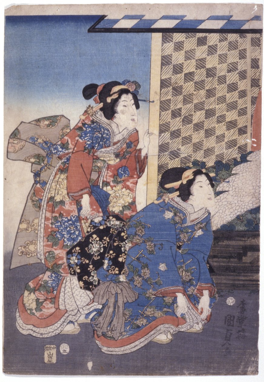 2 ženy (jeden klečící) (barevný dřevoryt) od School Japanese