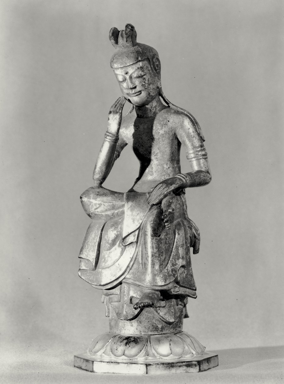 Bódhisattva sedící v meditativní póze, c.645-794 (zlacený bronz) (černobílá fotografie) od Japanese School