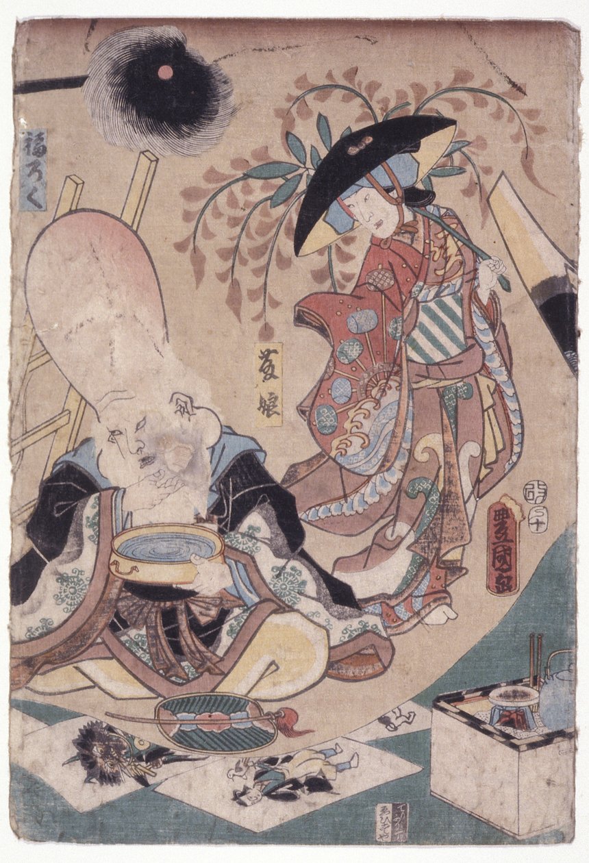 Fujimusume And Fukeroke (barevný dřevoryt) od School Japanese