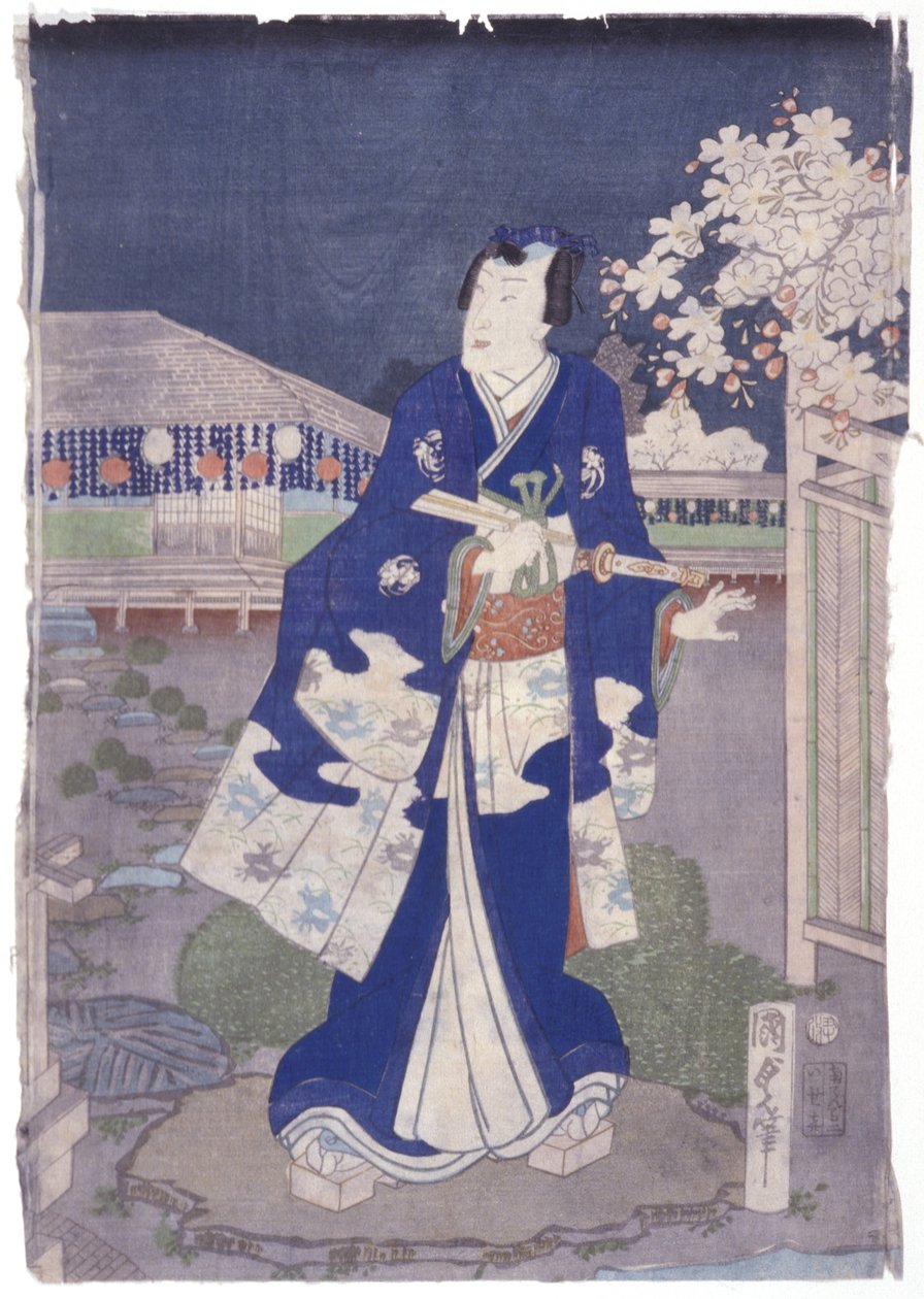 Muž na procházce v zahradě s ventilátorem (výlet) (barevný dřevoryt) od School Japanese