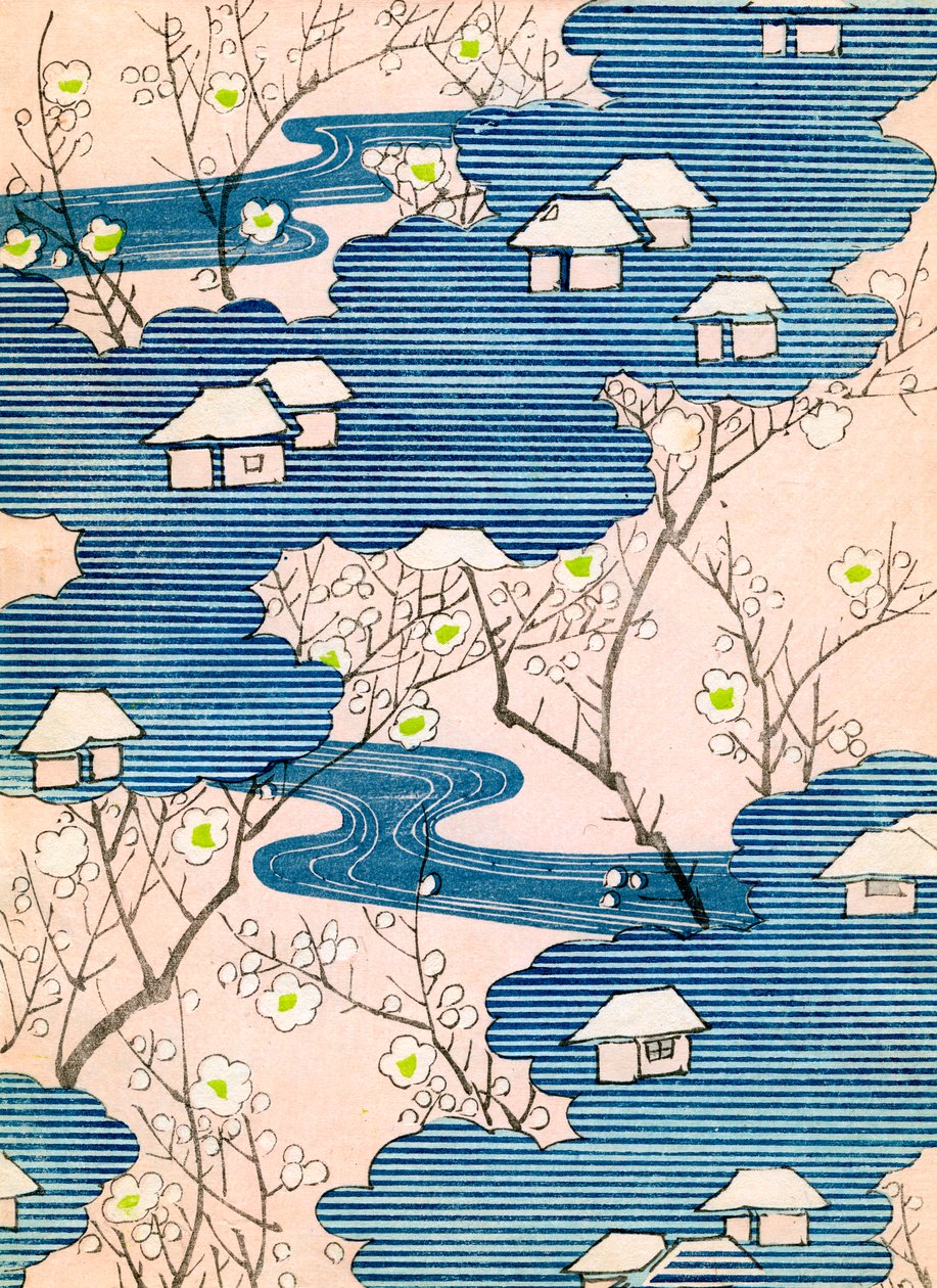 Kimonomalli: Mökkejä, joissa on jokia ja kirsikankukkia, n. 1900 (värillinen puupainatus) od School Japanese