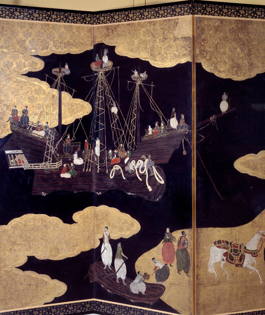 Obrazovka „Portuguese“: zobrazení příchodu portugalských jezuitských misionářů do Japonska v 16. století. Detail. Realizuje Škola Kano (?). 1593-1600. Muzeum starověkého umění v Lisabonu od Japanese School