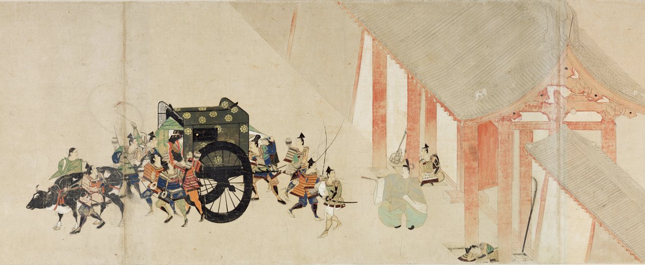 Ilustrovaný příběh občanské války, Imperial Visit to Rokuhara (Illustrated Tale of The Civil War, The Imperial Visit to Rokuhara) – Anonymní dílo, akvarel a inkoust na papíře, druhá role od School Japanese