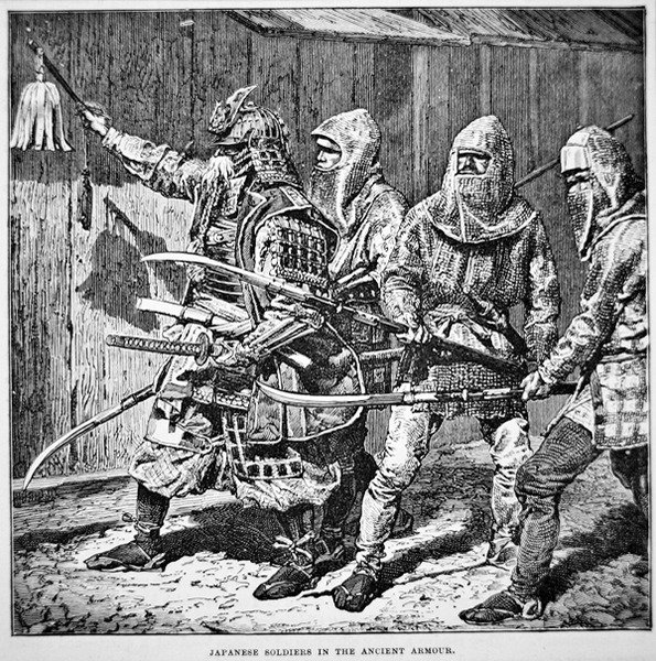 Samurajové ze starého Japonska vedou obyčejné vojáky v řetězové komoře vyzbrojené tyčovými zbraněmi (litho) od School Japanese